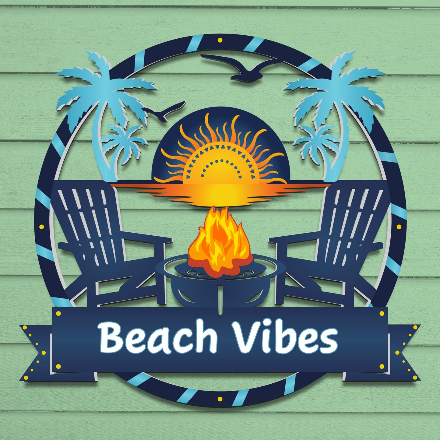Outdoor Beach Vibes Sign  Round Premium PVC Beach House Decor with Palm Trees & Fire Pit  Weatherproof Coastal Wall Art for Home, Pool Area, Shed