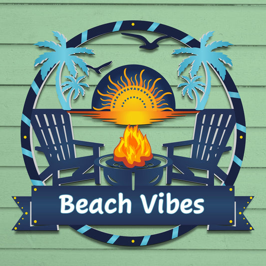 Outdoor Beach Vibes Sign  Round Premium PVC Beach House Decor with Palm Trees & Fire Pit  Weatherproof Coastal Wall Art for Home, Pool Area, Shed