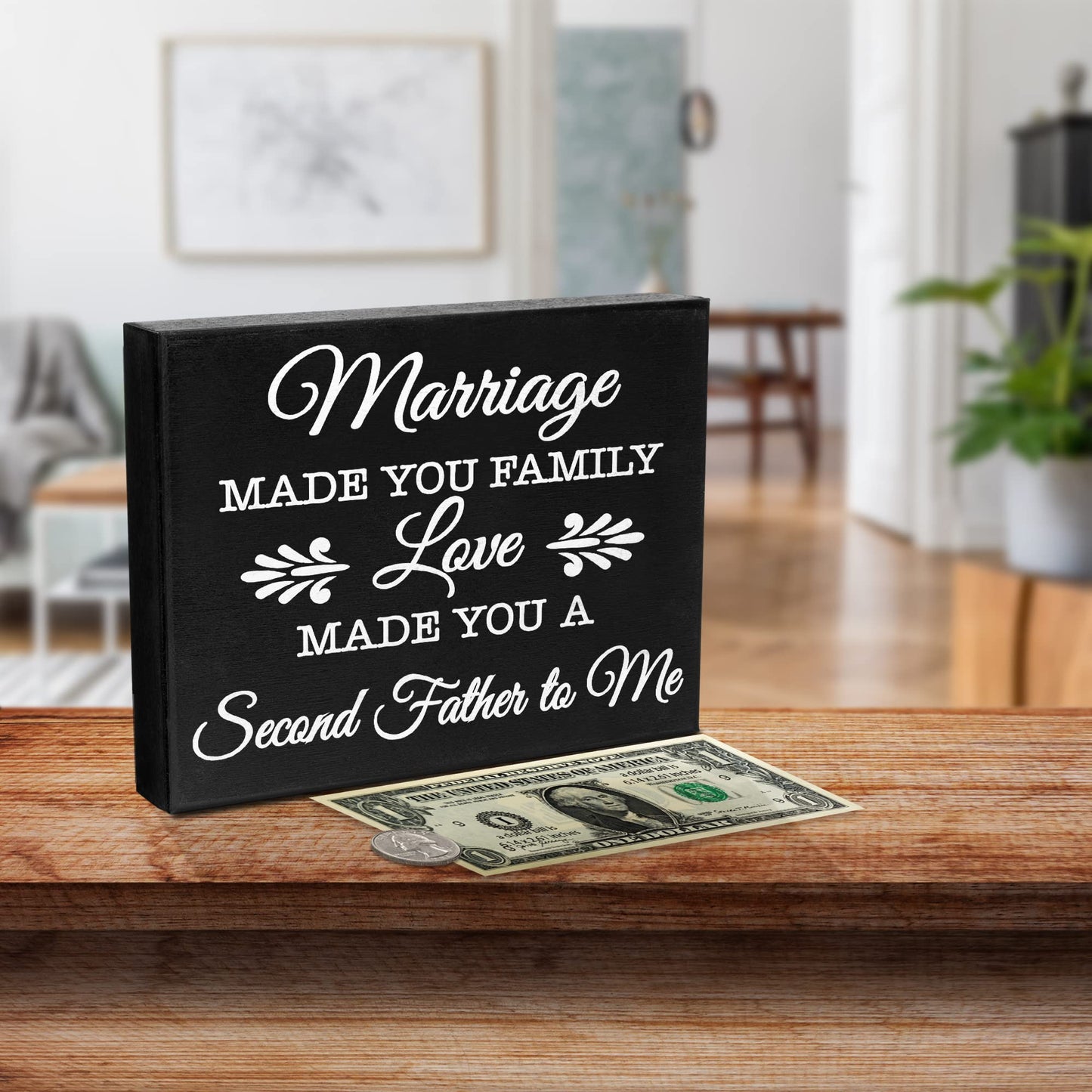 JennyGems Father in Law Gifts, Marriage Made You Family Love Made You a Second Father To Me Wooden Sign, Shelf Decor Wall Hanging, Made in USA