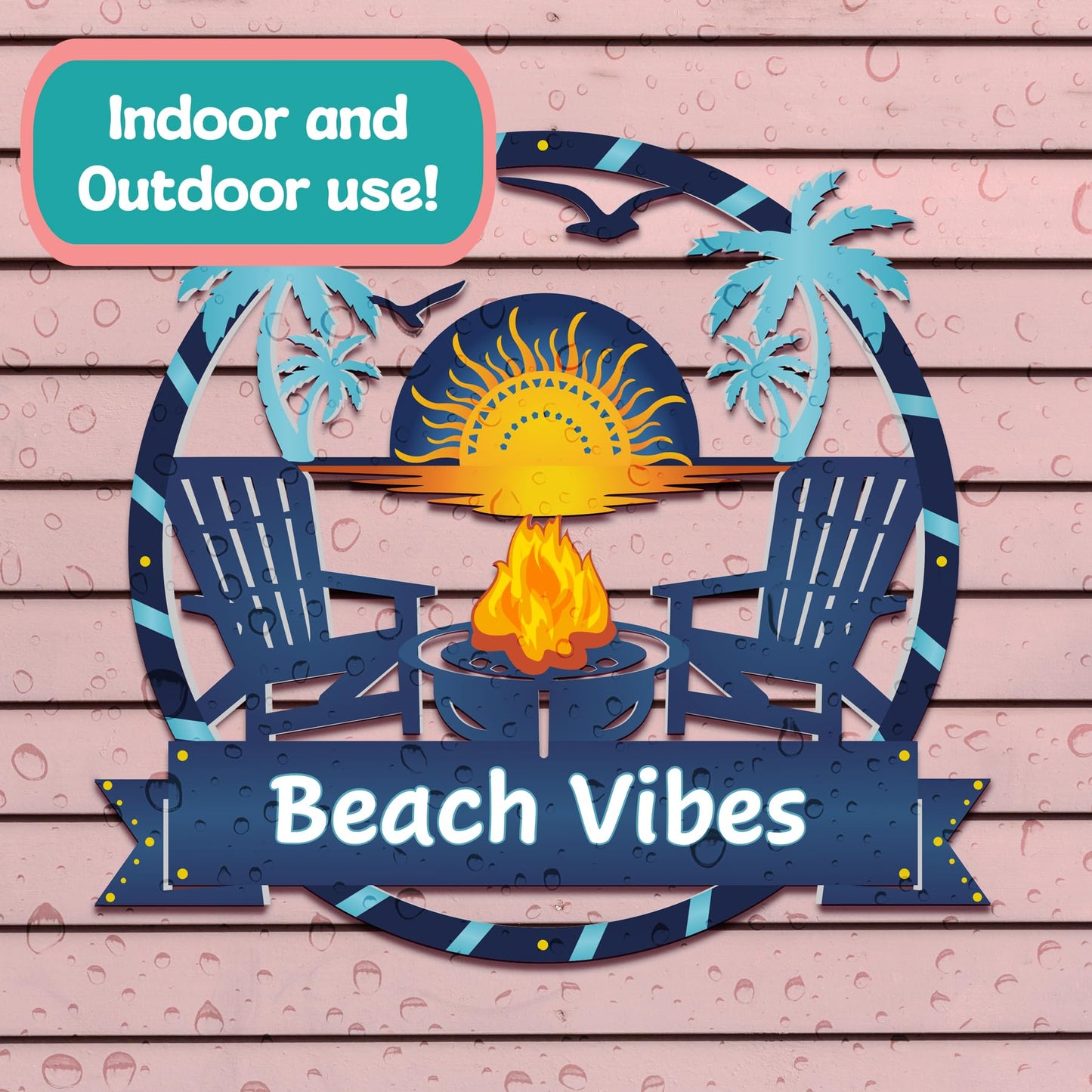 Outdoor Beach Vibes Sign  Round Premium PVC Beach House Decor with Palm Trees & Fire Pit  Weatherproof Coastal Wall Art for Home, Pool Area, Shed