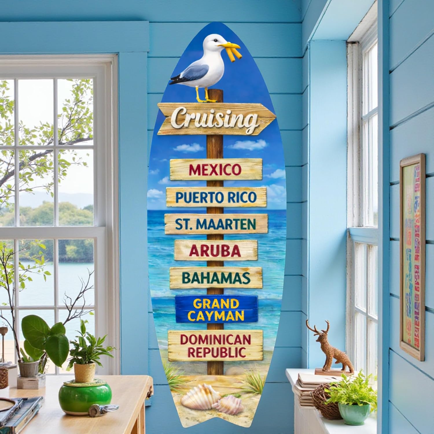 Cruising Addict Surfboard Sign, Nautical Beach House Wall Art, Cruise Ship Travel Souvenir, Coastal Gift Idea (3ft)
