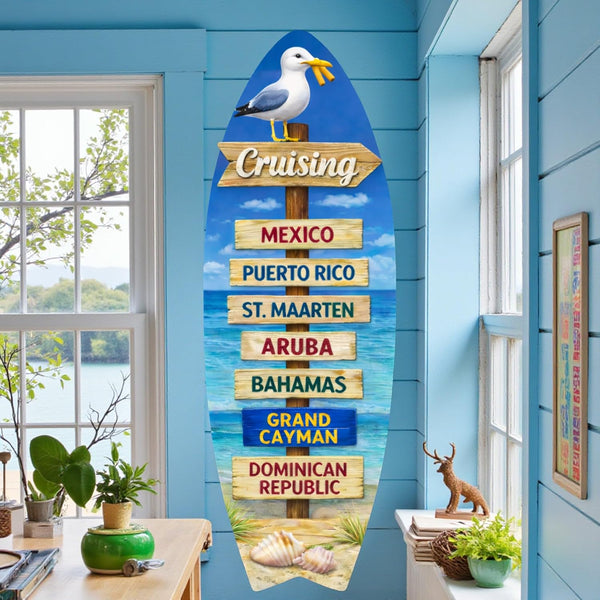 Cruising Addict Surfboard Sign, Nautical Beach House Wall Art, Cruise Ship Travel Souvenir, Coastal Gift Idea (3ft)