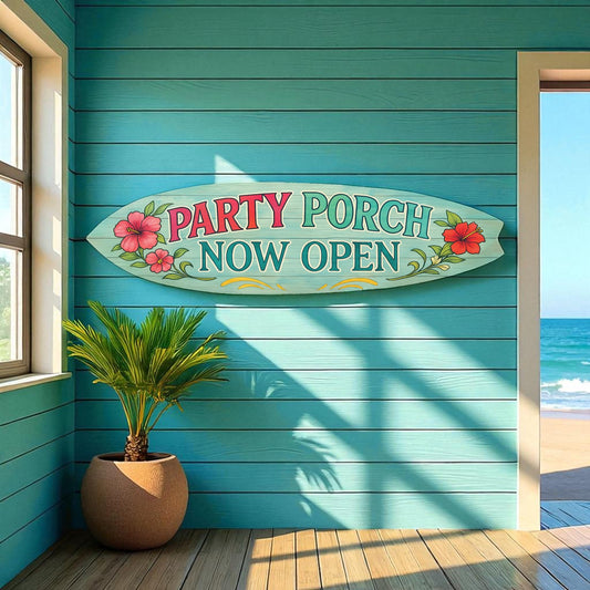 Party Porch Now Open Surfboard Sign – Tropical Hibiscus Outdoor Wall Decor for Porch, Patio, Tiki Bar, or Pool Area – Weatherproof PVC Beach House Decoration