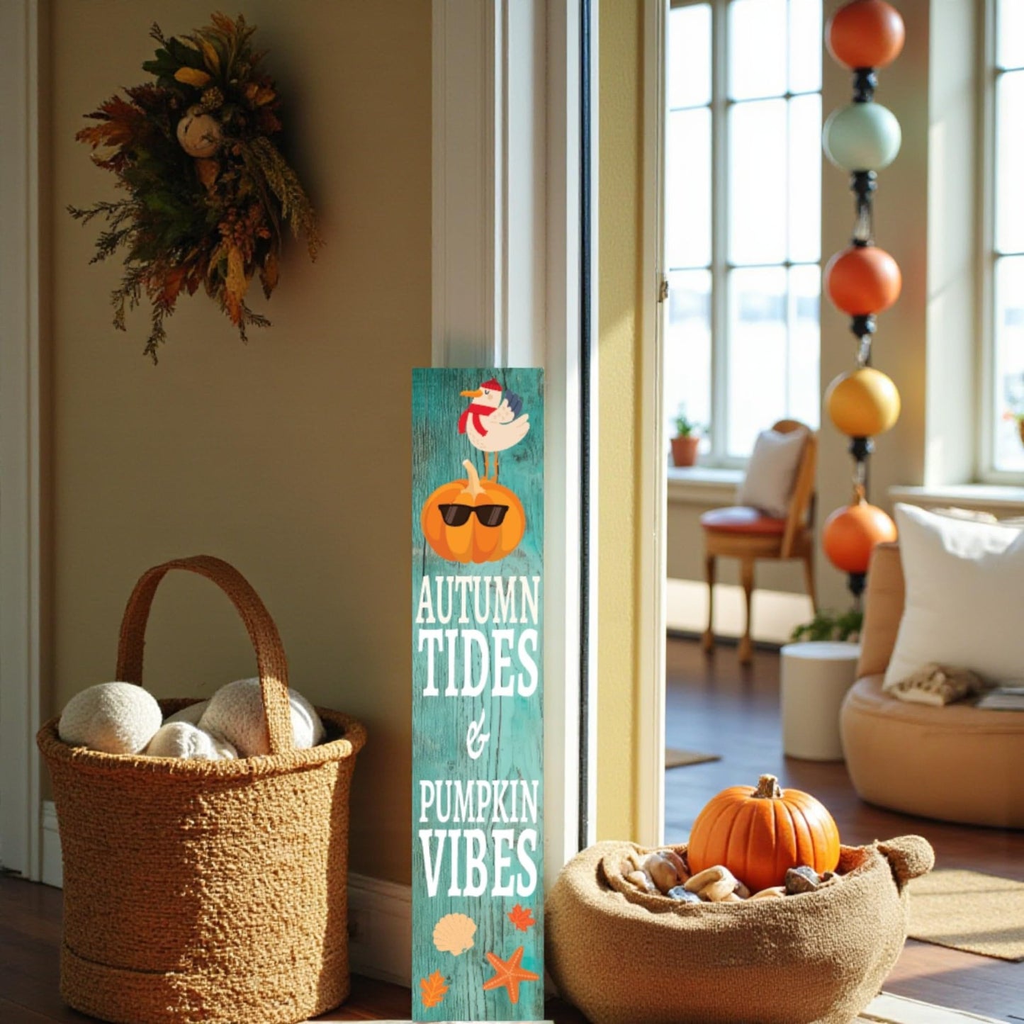Fall Porch Sign Outdoor PVC Autumn Tides & Pumpkin Vibes, Vertical Front Door Welcome Standing Decor