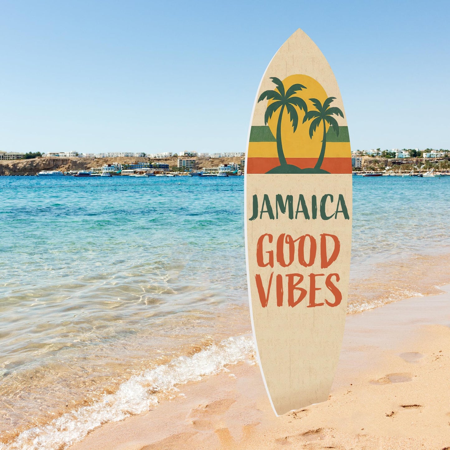 Outdoor Surfboard Wall Art Jamaica Good Vibes Sign with Sunset and Palm Trees, Beach House Tropical Coastal Decor Weatherproof PVC