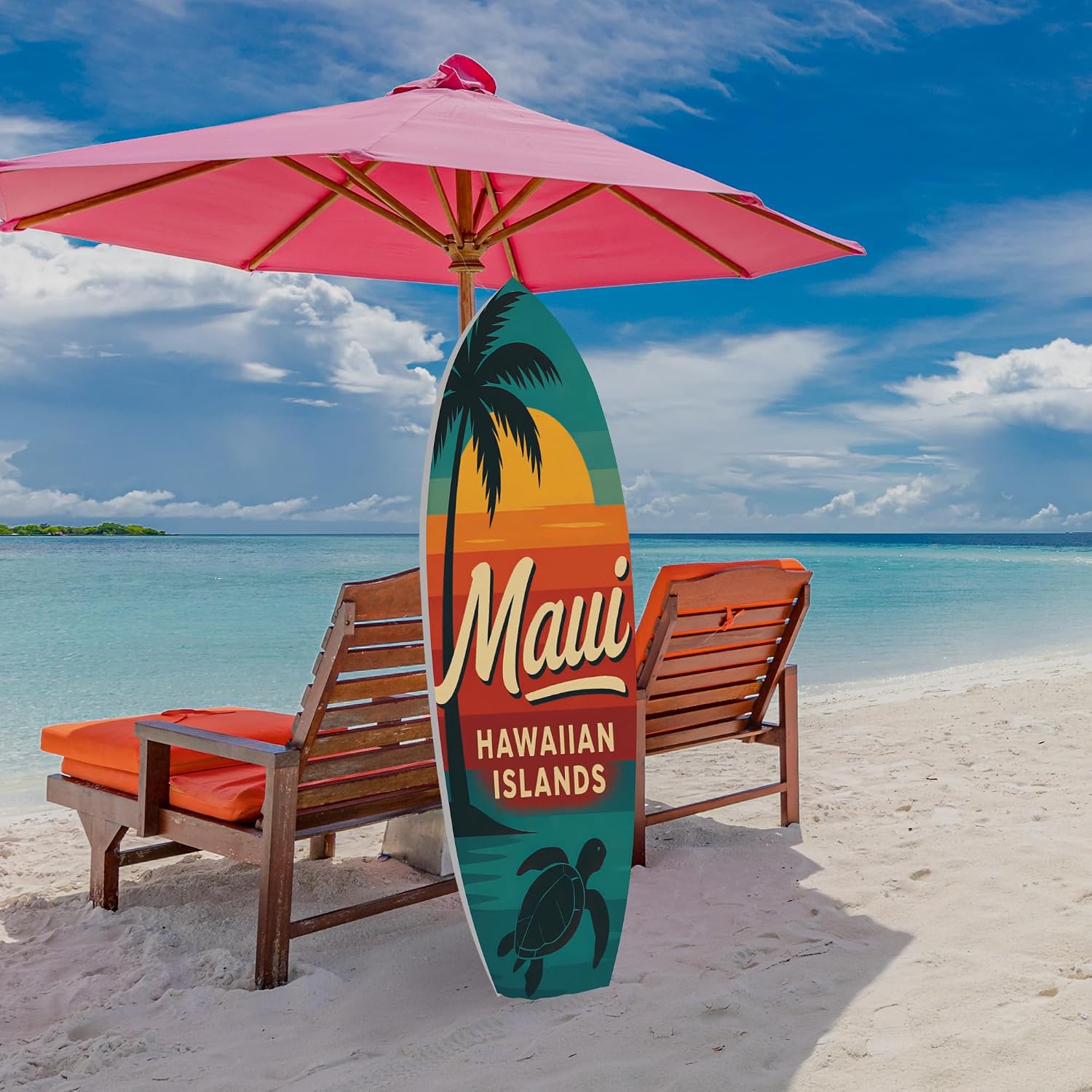 JennyGems Outdoor Surfboard Wall Art - Maui Hawaiian Islands Sign with Palm Tree Sea Turtle, Coastal Beach House Decor Weatherproof PVC, 2 Foot