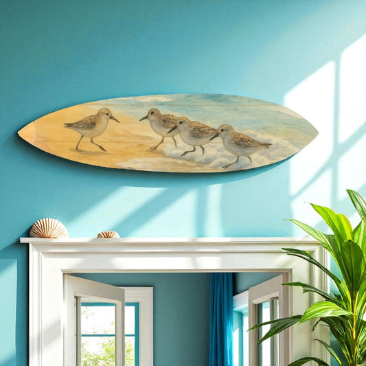 Shorebird Surfboard Wall Art – Beach House Decor with Sandpipers – Weather Resistant PVC Indoor Outdoor