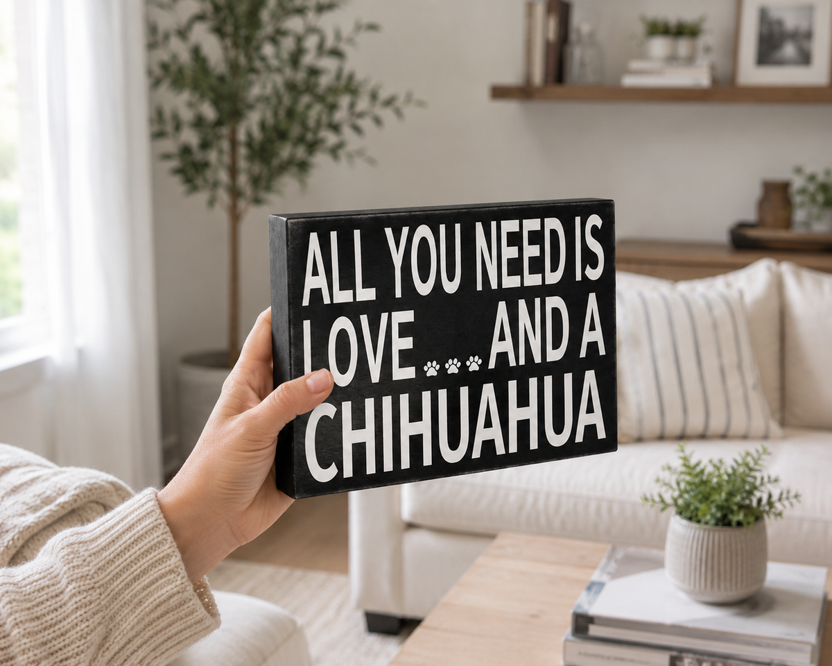 A hand in a beige knit sweater holds a black rectangular wooden sign with white text that reads 'ALL YOU NEED IS LOVE.