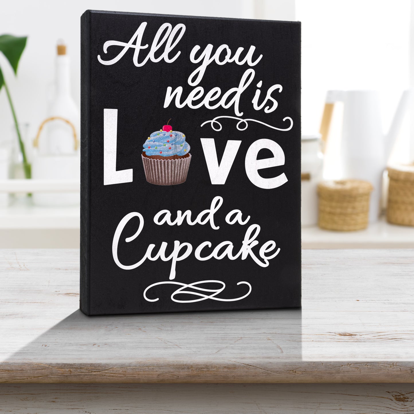 JennyGems All You Need Is Love and a Cupcake Sign, 6x8 Inches Wood Box Sign, Cupcake Gifts and Decor, Cupcake Themed Decor, Bakery Signs, American Made