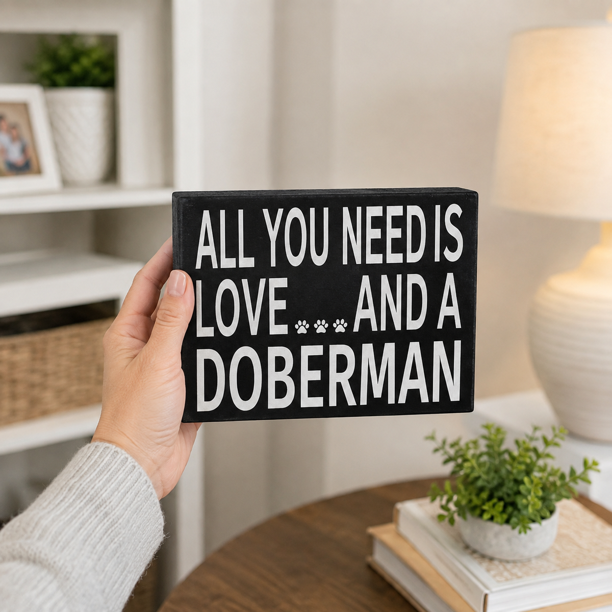 A hand holding a black rectangular sign with white text that reads 'ALL YOU NEED IS LOVE.