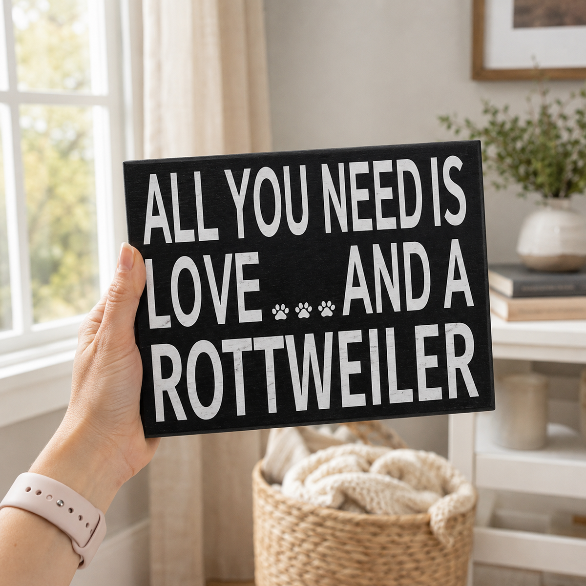 A hand holds a black rectangular sign with white text that reads 'ALL YOU NEED IS LOVE.