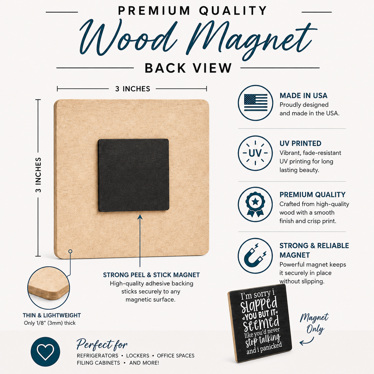 Back view infographic of a 3x3 inch premium wood magnet with a black center, showing dimensions, material details, and feature callouts on a light beige background.