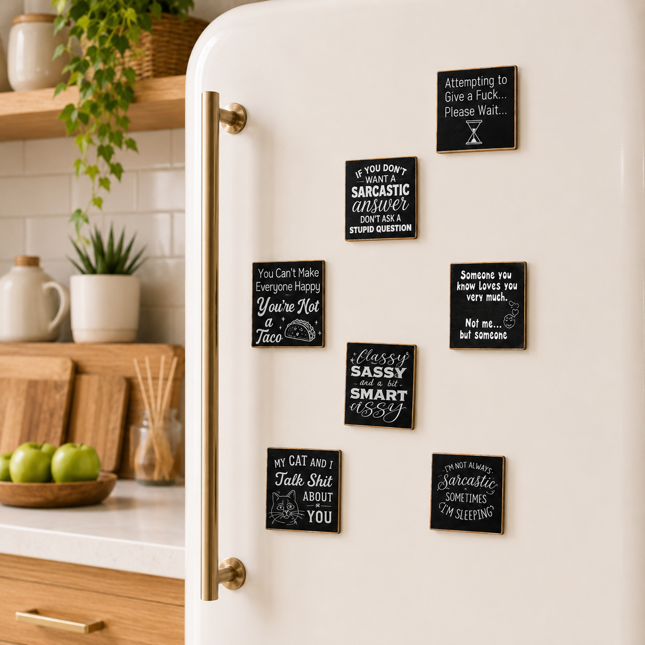 A white refrigerator in a bright kitchen setting, decorated with multiple small black square magnets featuring humorous and sarcastic phrases in white lettering.