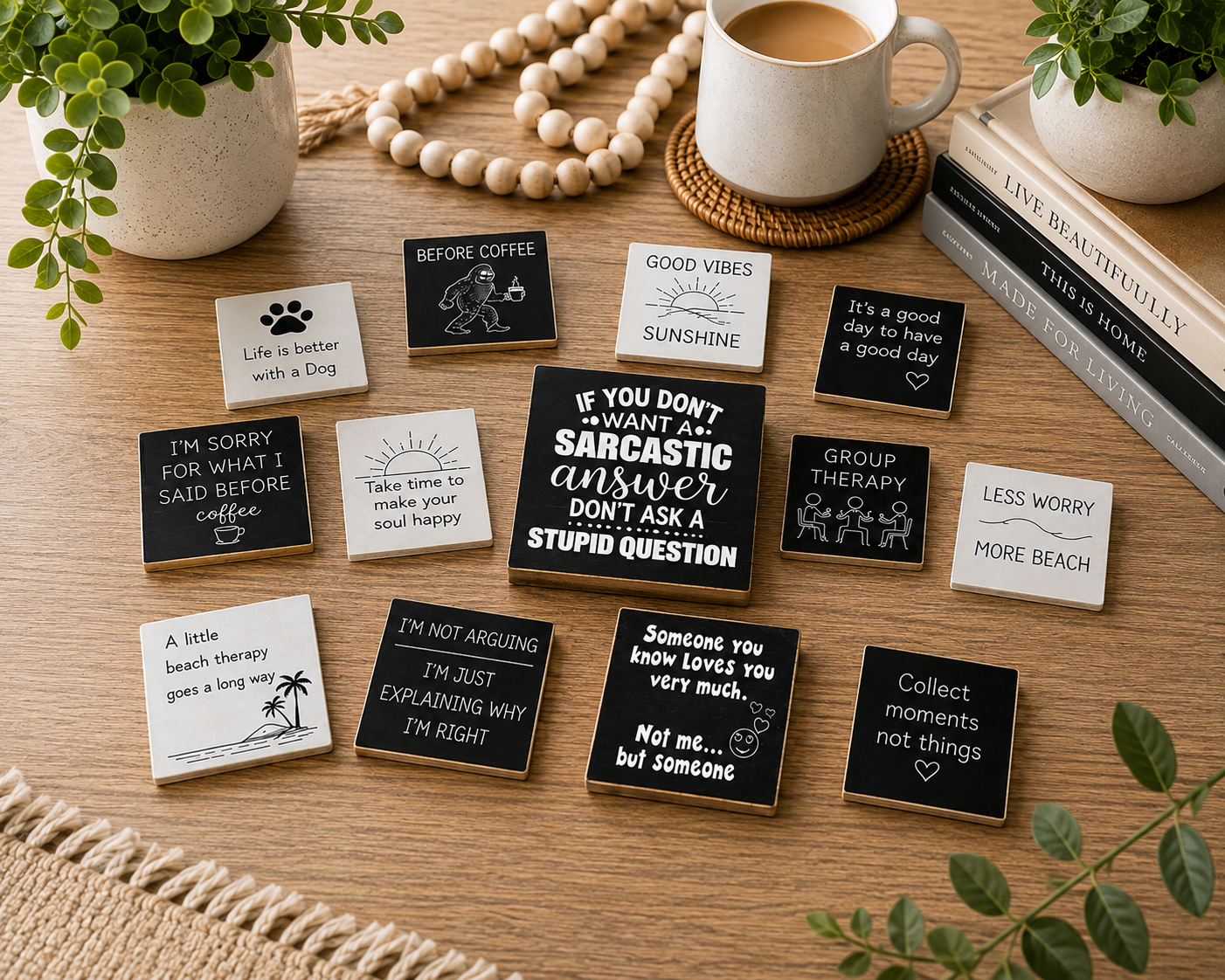 A set of square black and white enamel pins with humorous quotes and illustrations, arranged on a wooden tabletop next to a cup of coffee, books, and decorative plants.