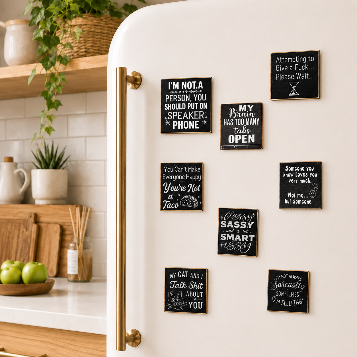 A white refrigerator in a kitchen setting with multiple small black square magnets featuring humorous and witty sayings in white chalk-style lettering. The refrigerator has a gold handle and is shown next to a wooden countertop with green apples and kitchen decor.