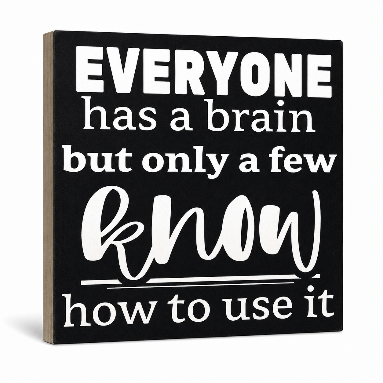 A square black decorative sign with white text reading “EVERYONE has a brain but only a few know how to use it,” shown at a slight angle against a light gray background.