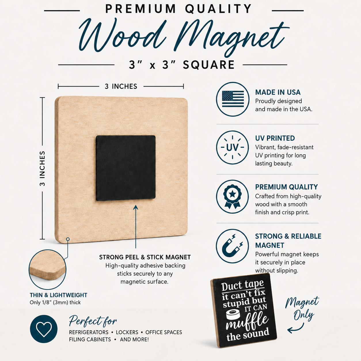 A 3x3 inch square wood magnet with a black rectangular center, shown on a light beige background with text callouts describing its features, including 'Premium Quality Wood Magnet', '3" x 3" Square', 'Made in USA', 'UV Printed', and 'Strong & Reliable Magnet'.