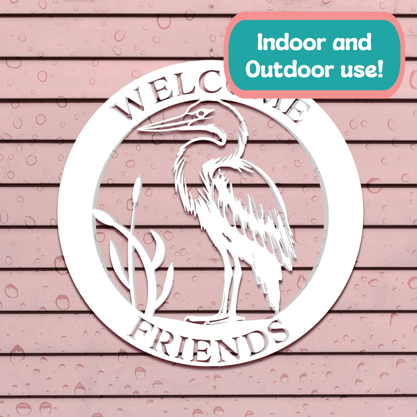 Outdoor Beach Sign Welcome Friends – Round Egret Wall Art for Beach House, Coastal Cottage & Vacation Home - 3 Foot