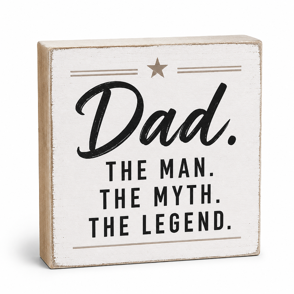 A square decorative wooden sign with a distressed white face and natural wood edges. The sign reads “Dad.