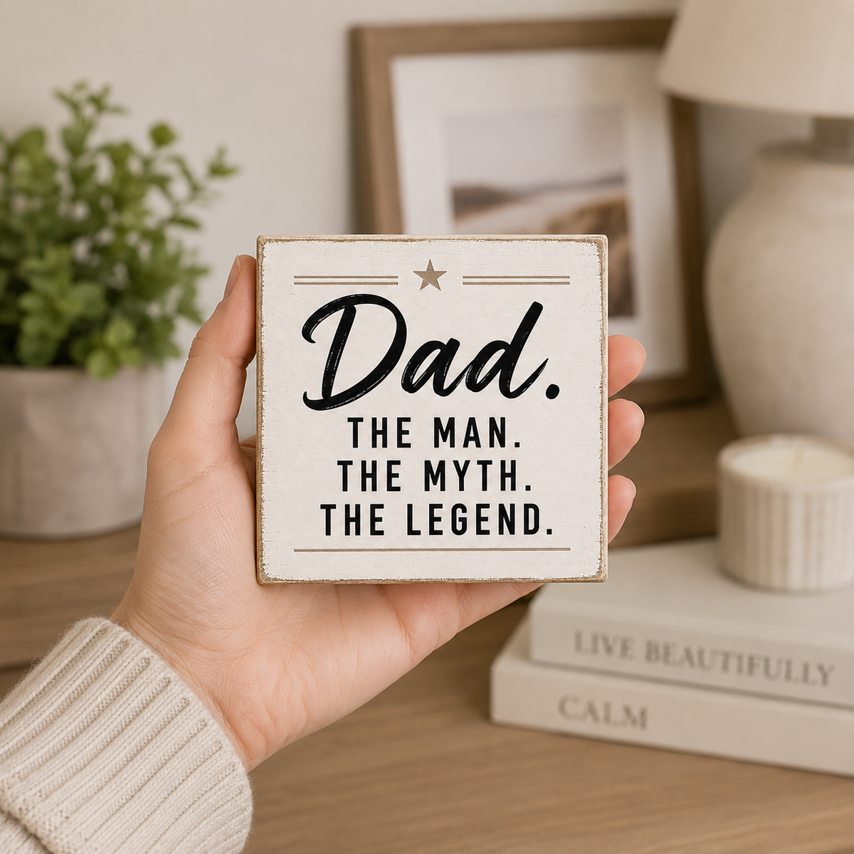 A hand holds a square wooden sign with the text 'Dad. THE MAN.