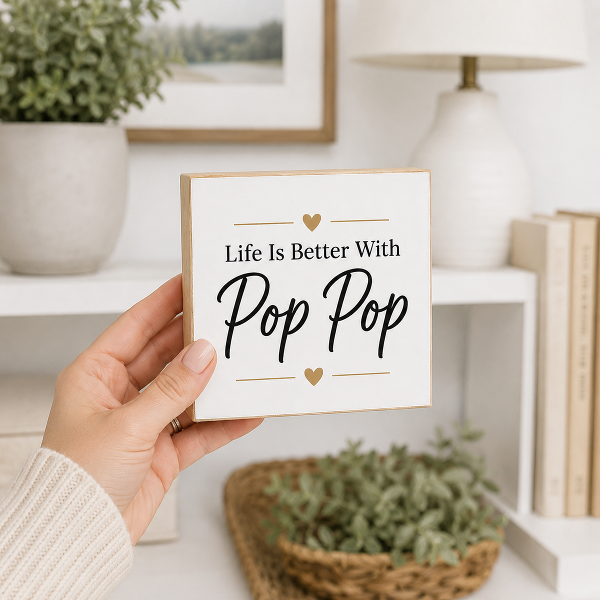 A hand holds a square wooden sign with the phrase 'Life Is Better With Pop Pop' in black script and gold heart accents, set against a softly blurred home interior background with shelves, plants, and a lamp.
