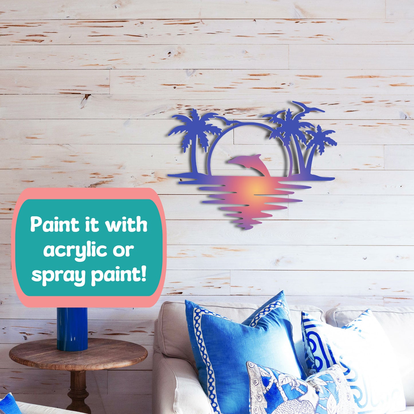 Outdoor Dolphin Wall Art, Coastal Wall Decor for Beach House, White PVC Dolphin Sign with Palm Trees Sunset, 2 Foot