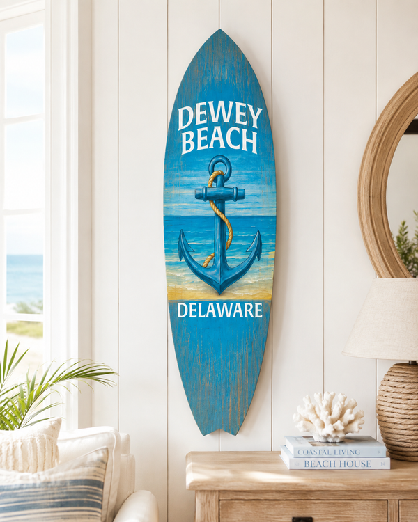 Dewey Beach Delaware Surfboard Sign, Outdoor Surfboard Wall Art, Anchor Decor