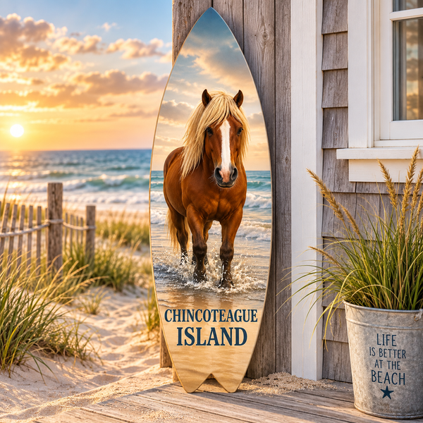Chincoteague Island Surfboard Wall Art: Riptide Stallion Horse & Oysters