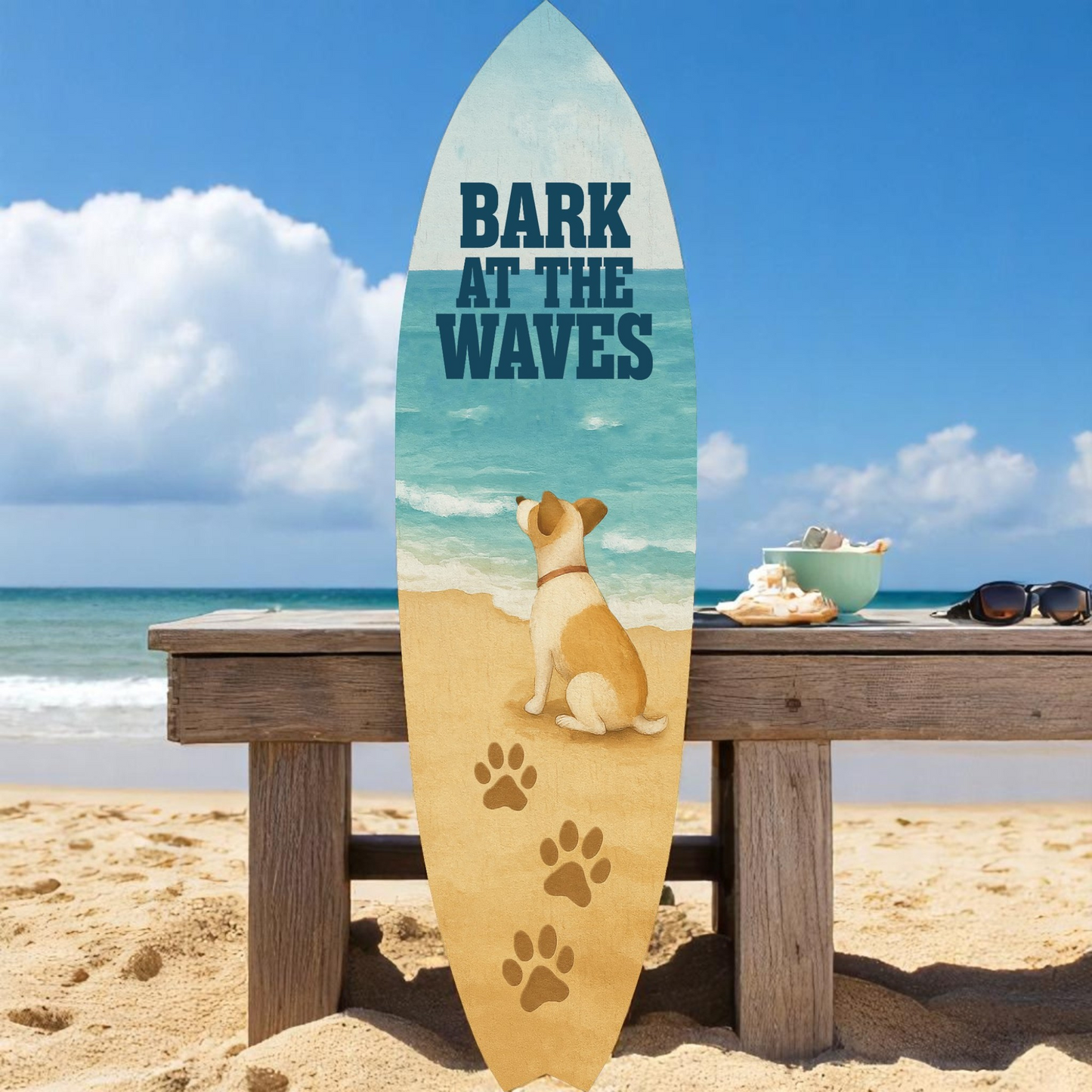Outdoor Dog Surfboard Wall Decor – Coastal Pet Wall Art for Porch, Pool, Fence, PVC Beach House Decor for Dog Owners, Bark at Waves, 5 foot