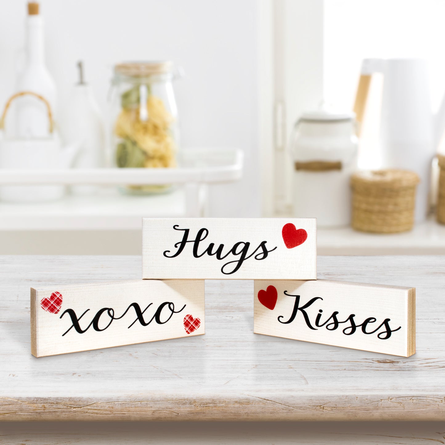 Valentines Day Decorations, Hugs Kisses Valentines Sign Decor Gift, 3 Pieces Mini Wood Block Set, Valentine's Decor, Valentine's Day Tiered Tray Table Decorations