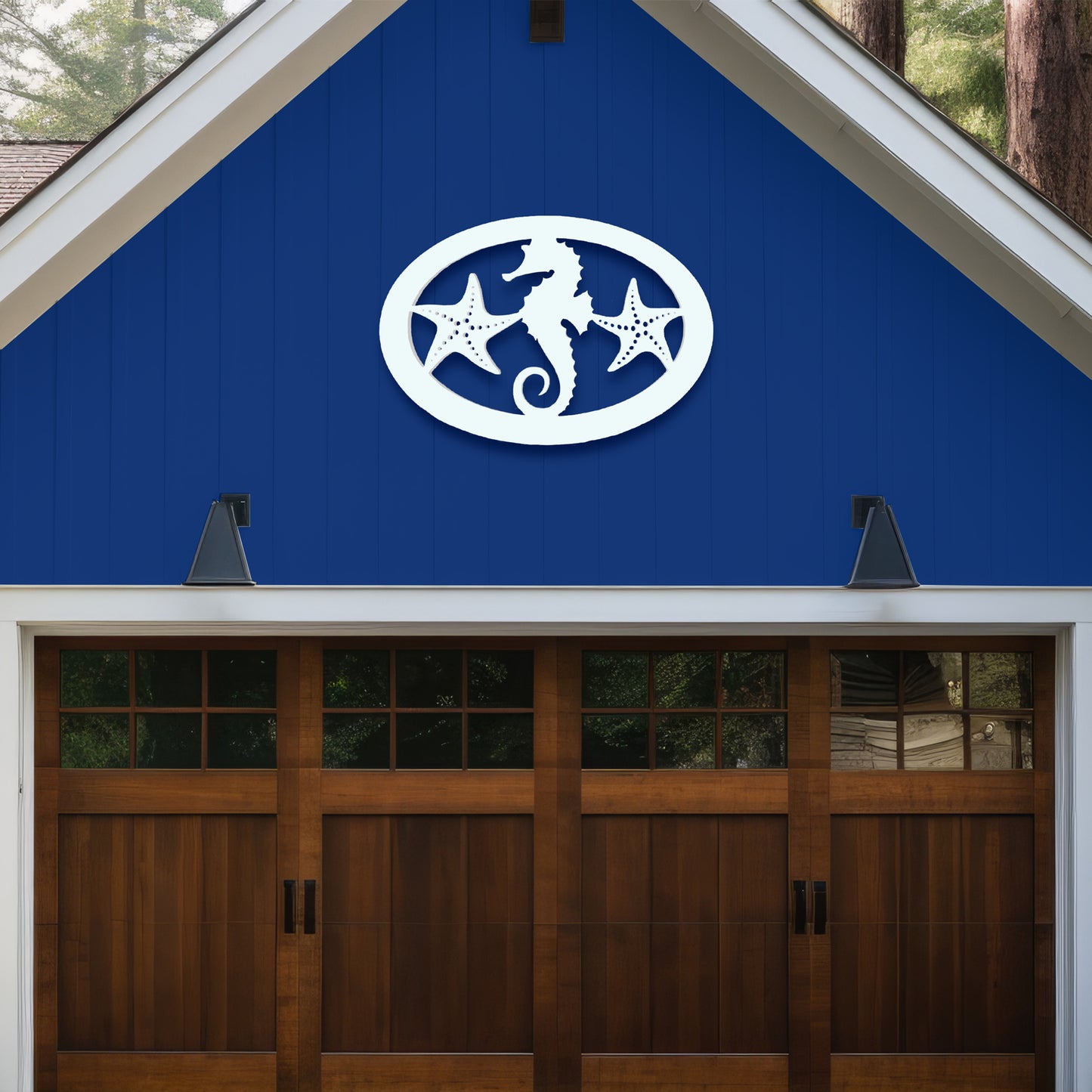 Outdoor Seahorse and Starfish Wall Art – Oval Beach House Decoration, Weatherproof PVC – Coastal Decor for Porch, Shed, Pool Area or Fence, 18 Inch