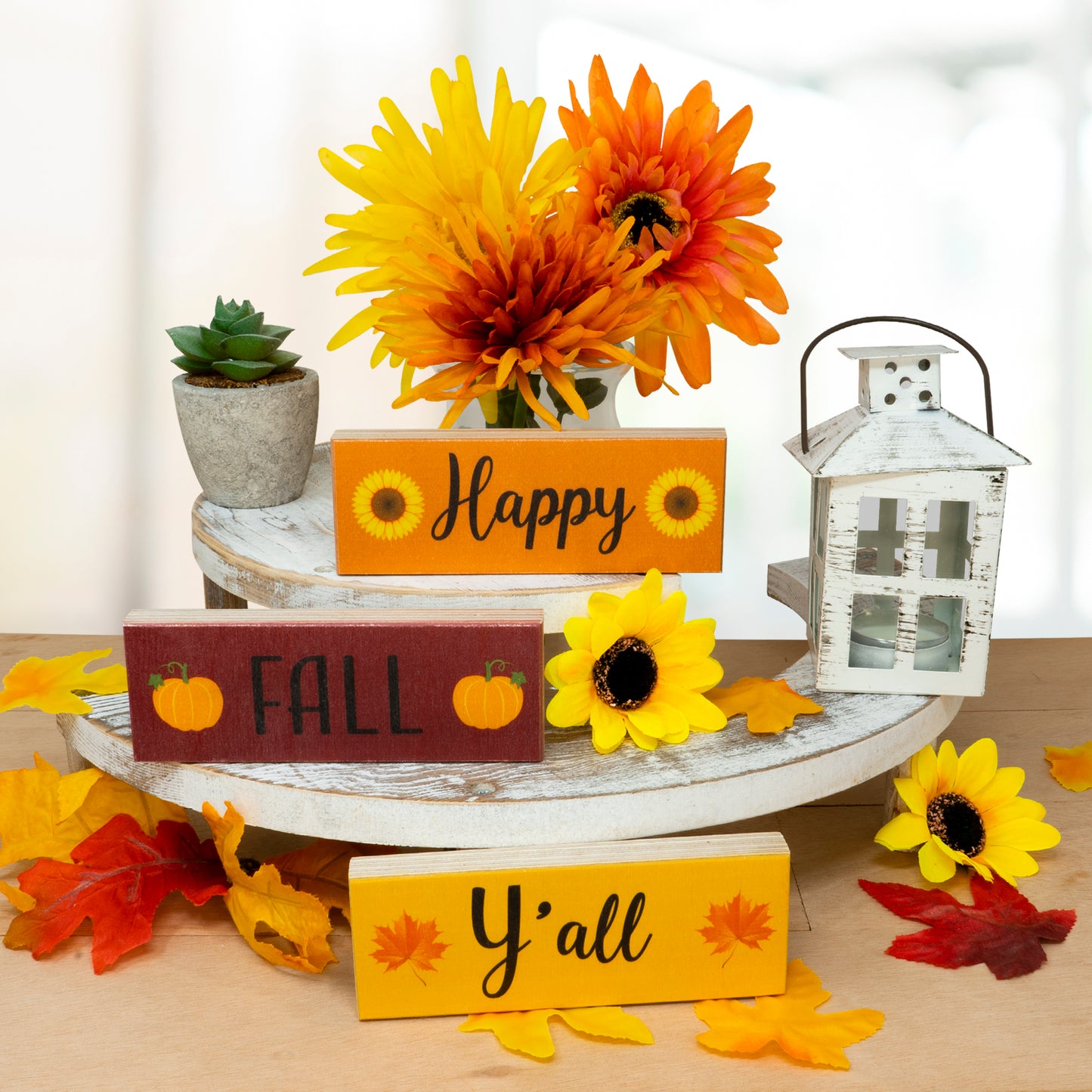 JennyGems Fall Decor, Happy Fall Y’all Wooden Block Signs, Fall Tiered Tray, Fall Decorations for Home, Autumn Thanksgiving Decorations, Maple Leaf Pumpkin, Made in USA
