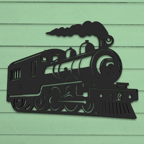 Outdoor Train Steam Locomotive Wall Art – Black PVC Railroad Decor – Weatherproof Train Car Sign