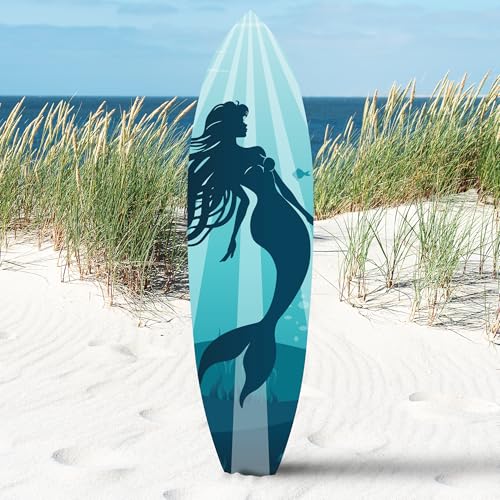 Outdoor Mermaid Surfboard Wall Art – Weatherproof PVC – Coastal Mermaid Sign for Beach House or Pool Area, 5 Foot