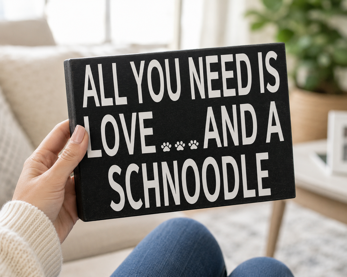 A hand holds a black rectangular decorative sign with white text reading 'ALL YOU NEED IS LOVE.