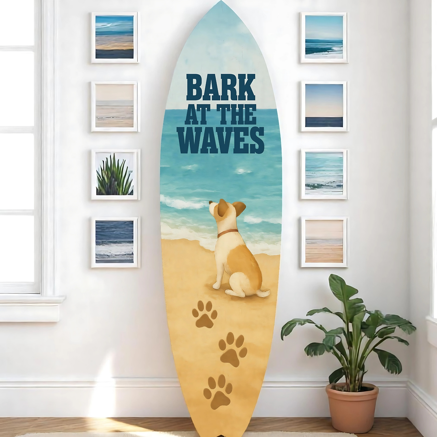 Outdoor Dog Surfboard Wall Decor – Coastal Pet Wall Art for Porch, Pool, Fence, PVC Beach House Decor for Dog Owners, Bark at Waves, 5 foot