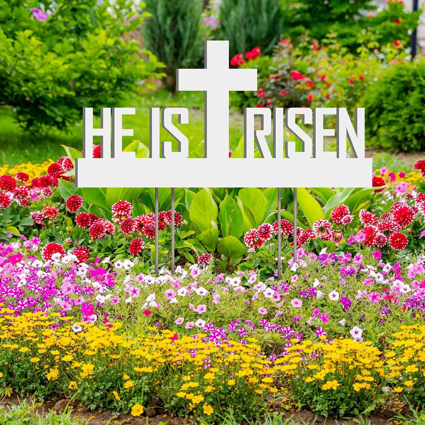 He Is Risen Outdoor Yard Sign – Easter Decorations, Weatherproof PVC with Metal Stakes, 2' x 1', for Yard, Church, or Garden Décor, White