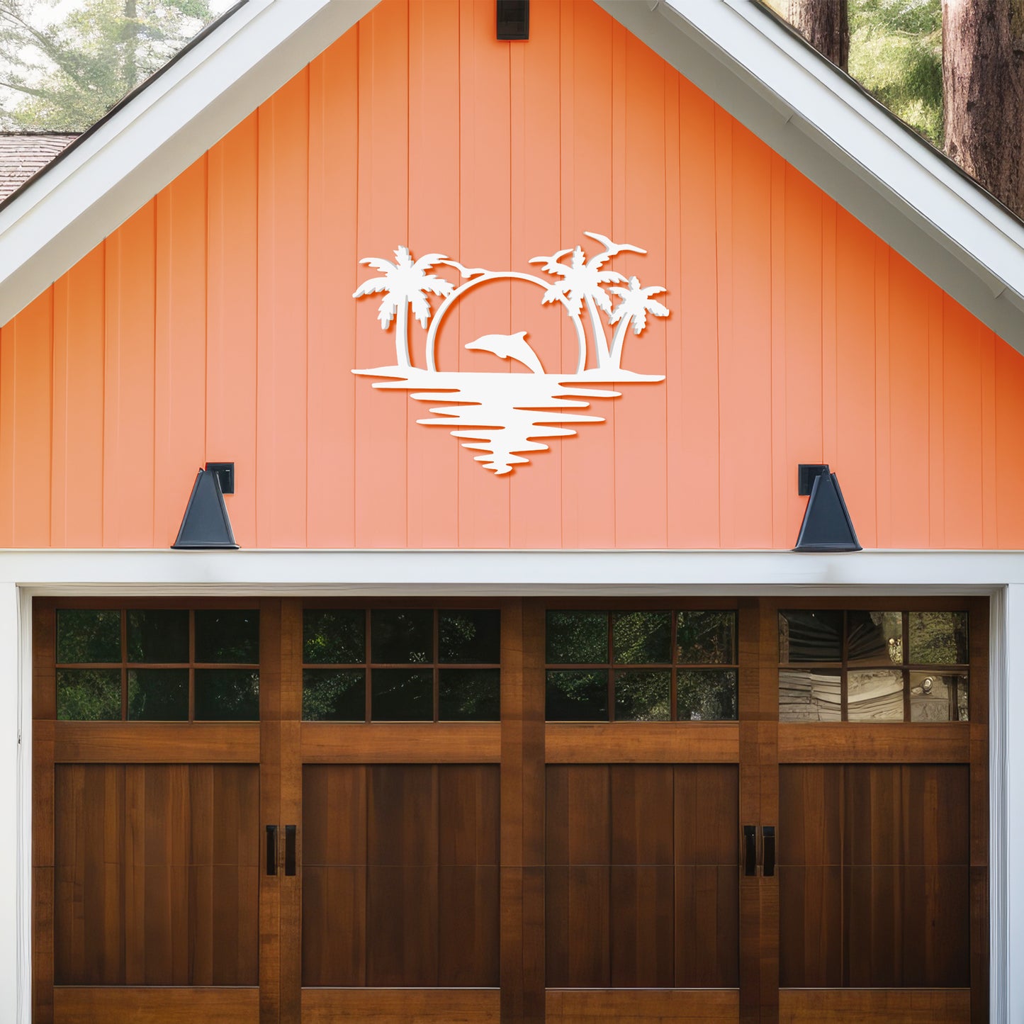 Outdoor Dolphin Wall Art, Coastal Wall Decor for Beach House, White PVC Dolphin Sign with Palm Trees Sunset, 2 Foot