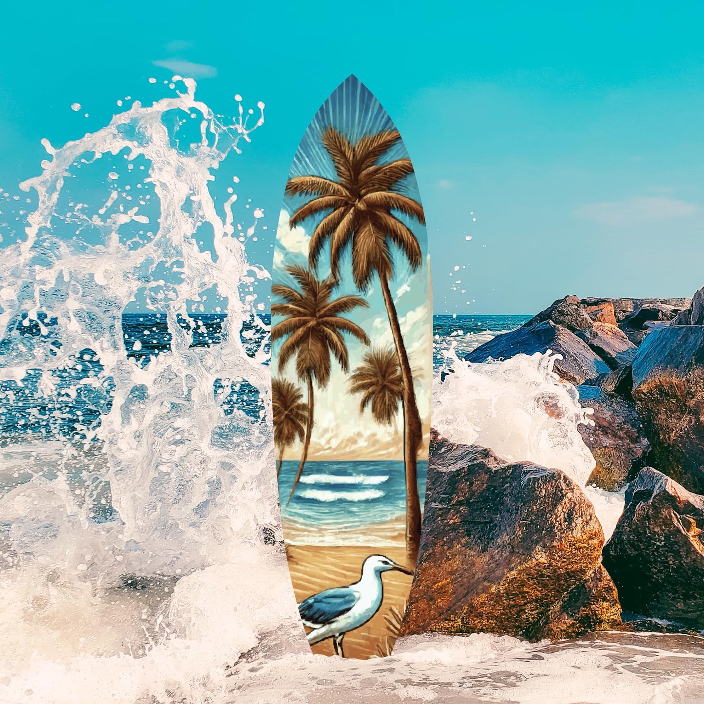 Tropical Beach Surfboard Wall Art | Weather-Resistant PVC with Sandpiper, Ocean Waves & Palm Trees