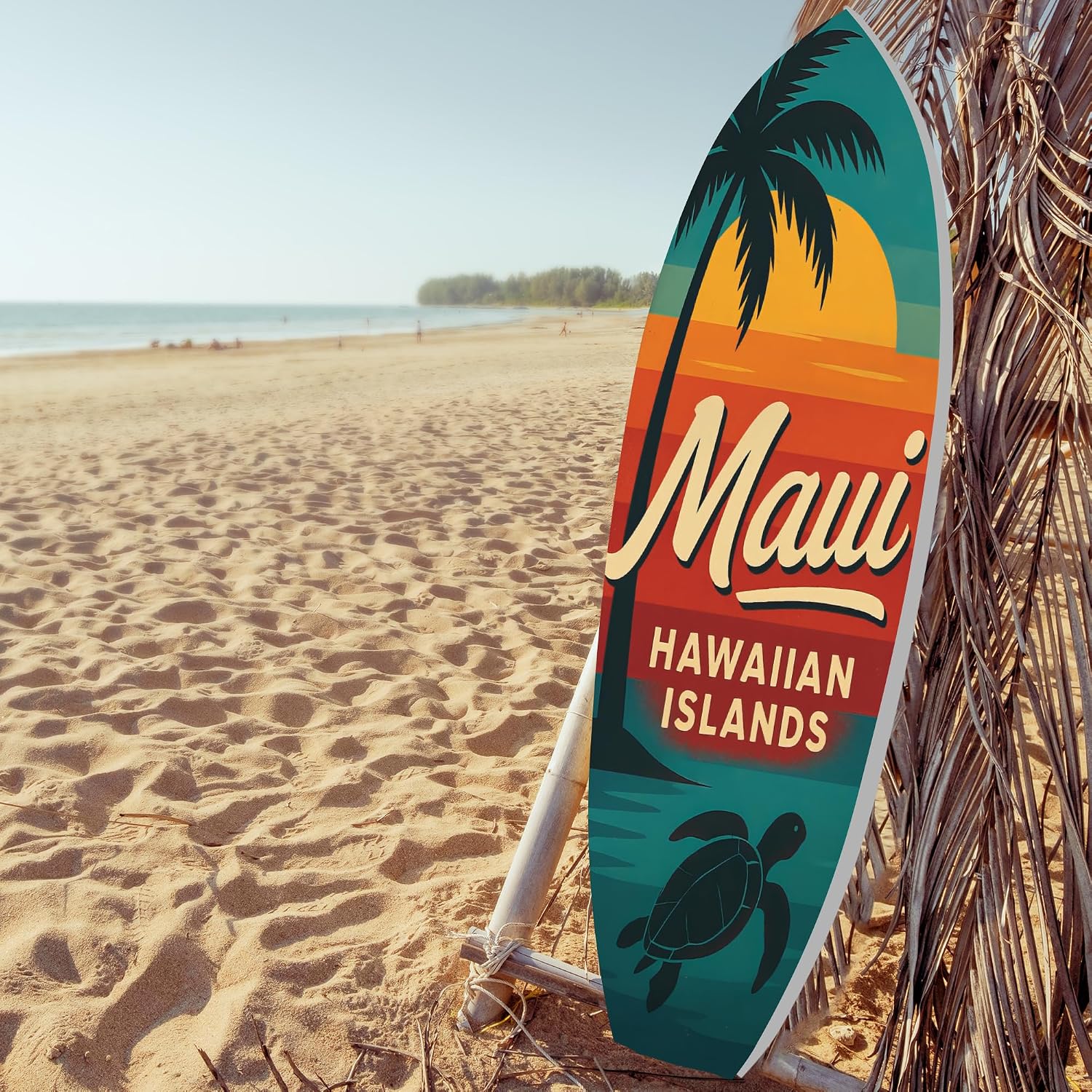 JennyGems Outdoor Surfboard Wall Art - Maui Hawaiian Islands Sign with Palm Tree Sea Turtle, Coastal Beach House Decor Weatherproof PVC, 2 Foot