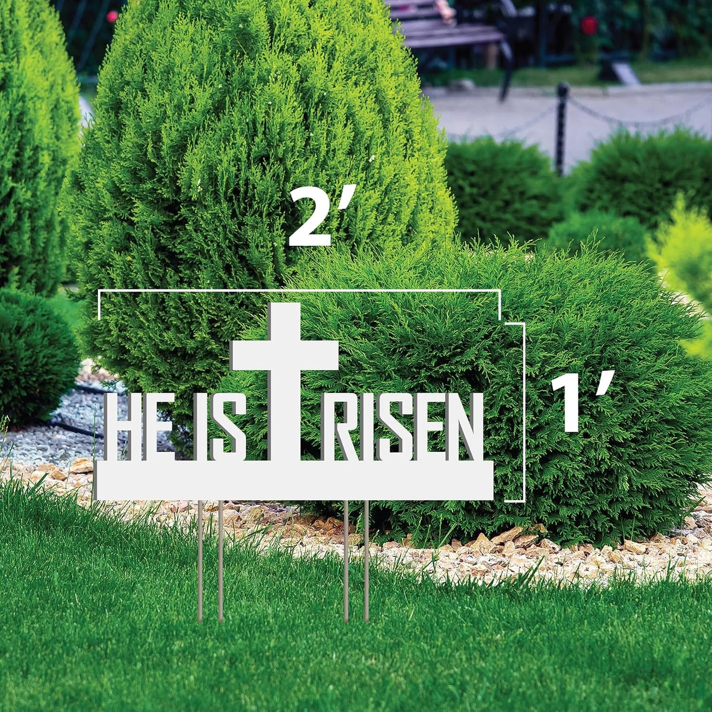 He Is Risen Outdoor Yard Sign – Easter Decorations, Weatherproof PVC with Metal Stakes, 2' x 1', for Yard, Church, or Garden Décor, White
