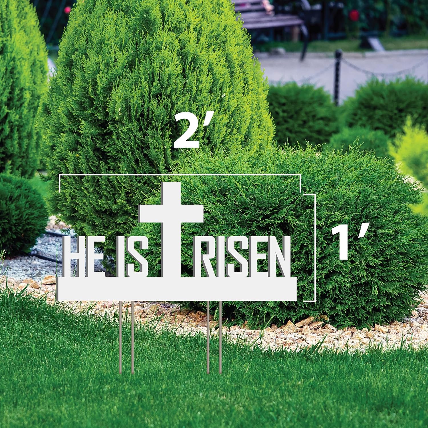 He Is Risen Outdoor Yard Sign – Easter Decorations, Weatherproof PVC with Metal Stakes, 2' x 1', for Yard, Church, or Garden Décor, White