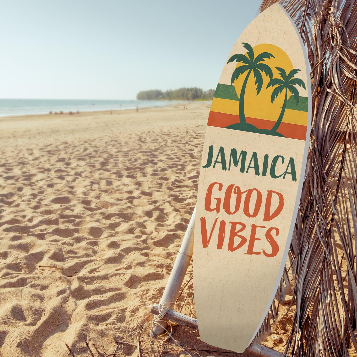 Outdoor Surfboard Wall Art Jamaica Good Vibes Sign with Sunset and Palm Trees, Beach House Tropical Coastal Decor Weatherproof PVC