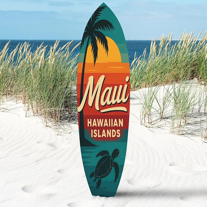 JennyGems Outdoor Surfboard Wall Art - Maui Hawaiian Islands Sign with Palm Tree Sea Turtle, Coastal Beach House Decor Weatherproof PVC, 2 Foot