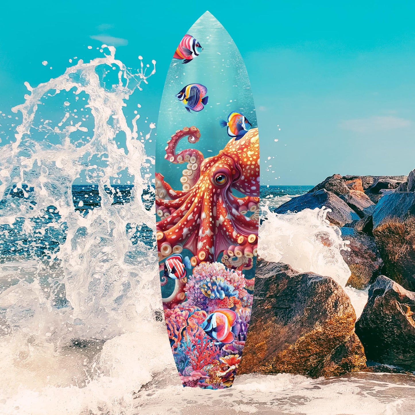 Vibrant Octopus Surfboard Wall Art Decor, Weather Resistant