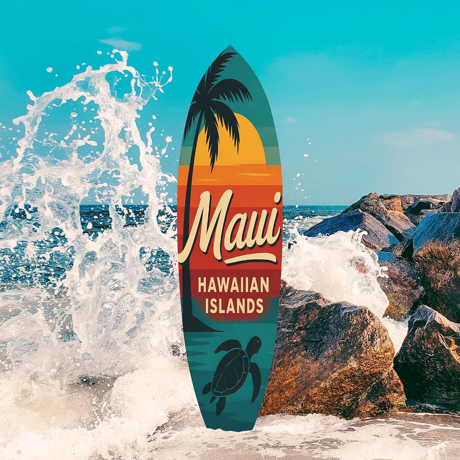 JennyGems Outdoor Surfboard Wall Art - Maui Hawaiian Islands Sign with Palm Tree Sea Turtle, Coastal Beach House Decor Weatherproof PVC, 2 Foot