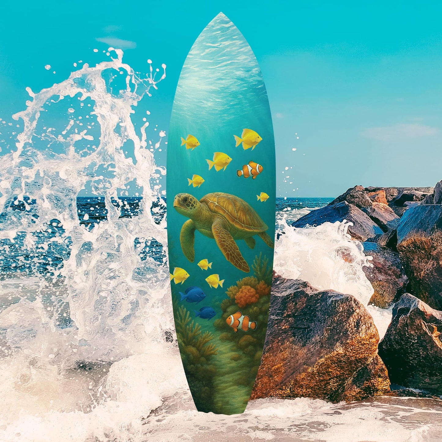 Outdoor Decorative Surfboard Wall Art - Sea Turtle Decor Ocean-Themed, Beach House Sign, Weather Resistant PVC