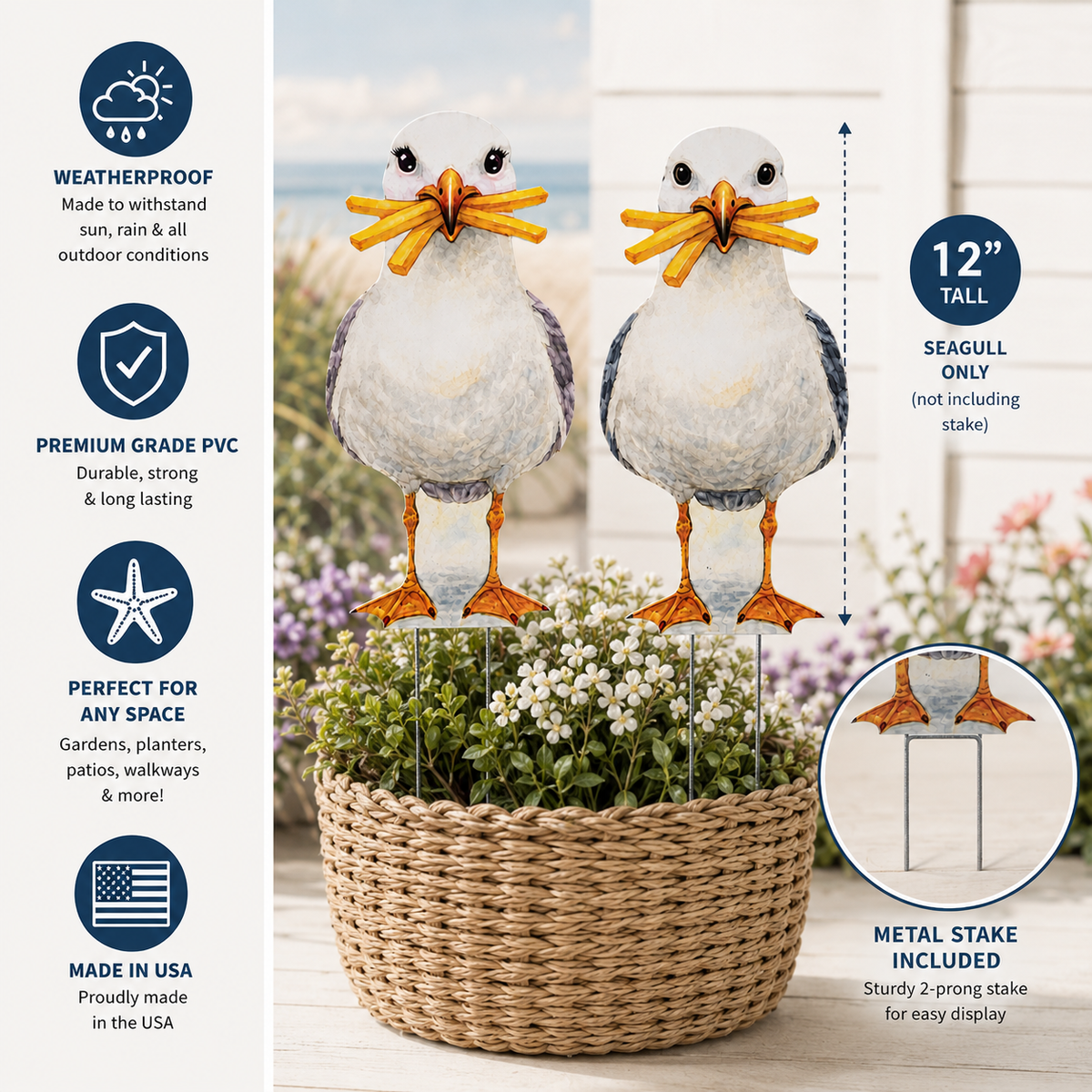 Sully & Sally Seagull Yard Signs, Set of 2, Coastal Garden Decor, 12 Inch PVC
