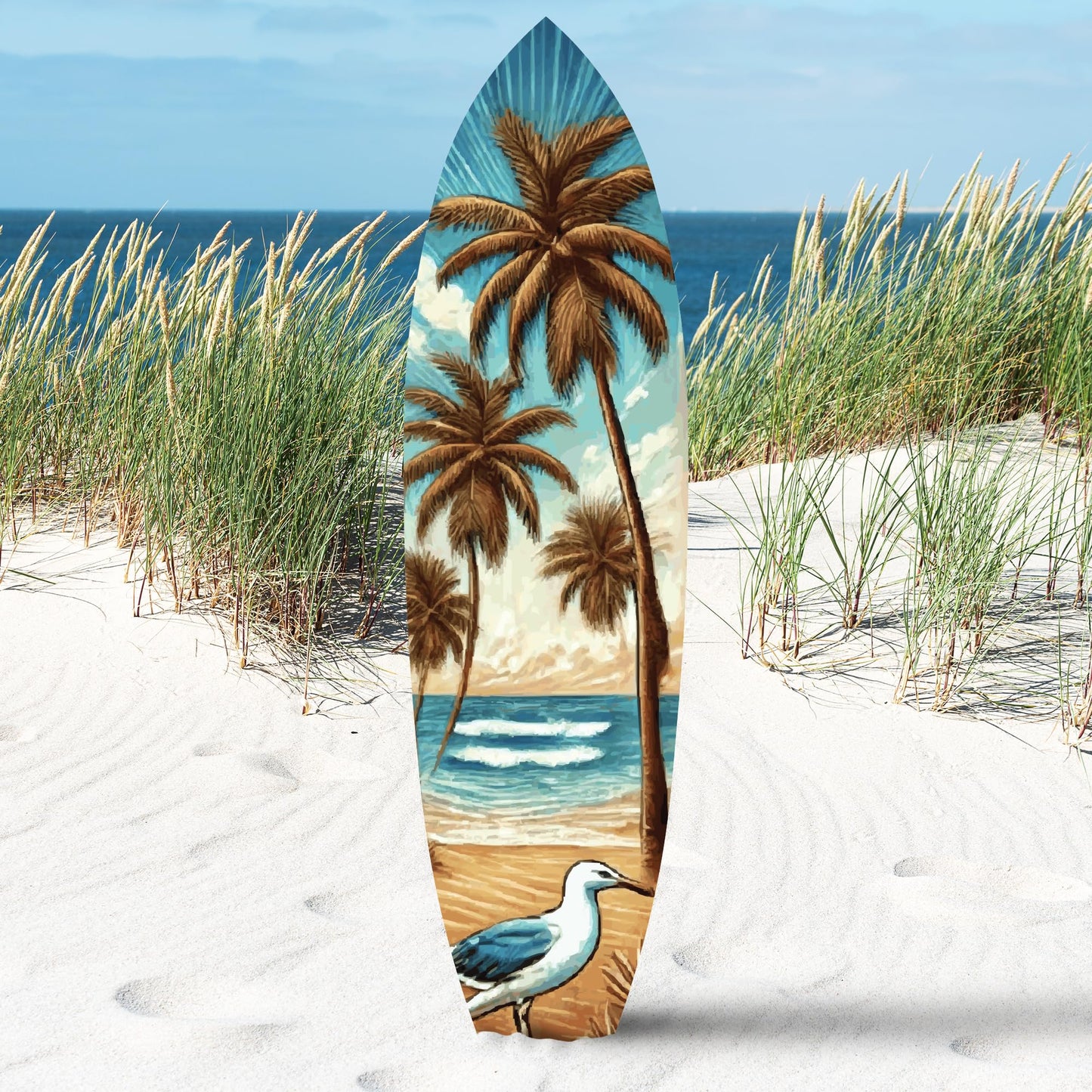 Tropical Beach Surfboard Wall Art | Weather-Resistant PVC with Sandpiper, Ocean Waves & Palm Trees