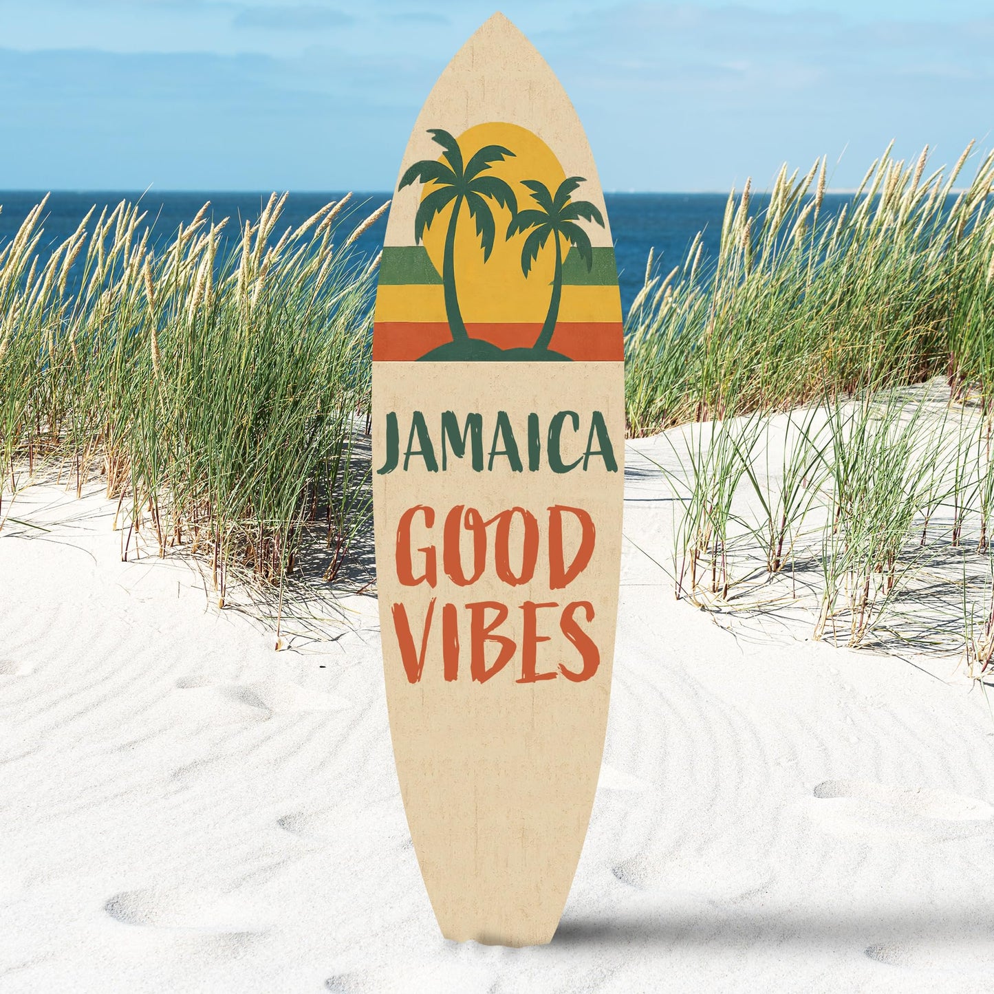 Outdoor Surfboard Wall Art Jamaica Good Vibes Sign with Sunset and Palm Trees, Beach House Tropical Coastal Decor Weatherproof PVC